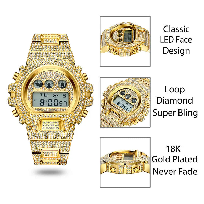 Multi Functional Fashion Electronic Watch Iced Out Watch for Men Luxury Diamond Watches Hip Hop Calendar Wristwatches 2025