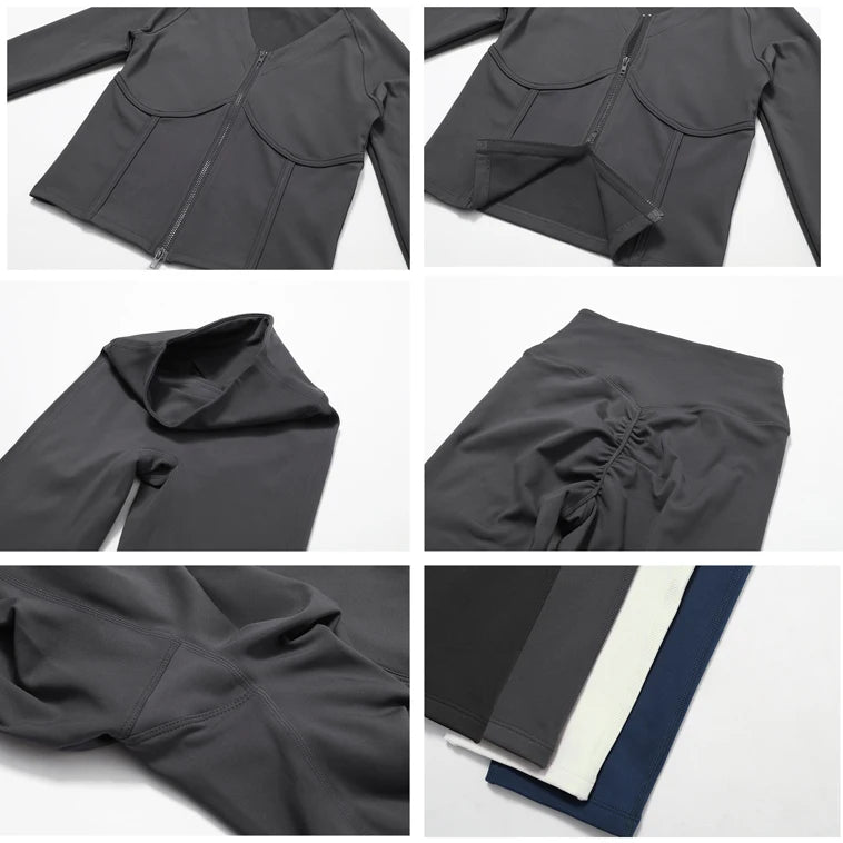 Wholesale Yoke Knitted High Stretch Yoga 2-Piece Set Slimming Fit Long Sleeve Leggings with Zipper & Breathable Neck Crop Top