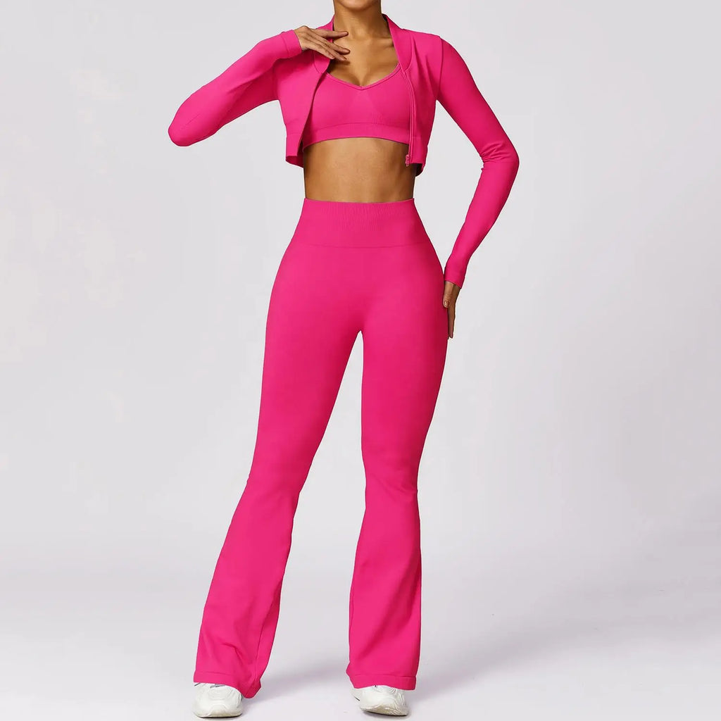 Hot Selling 2024 Women's Compression Stretchy Seamless Scrunch Back Flare Pants Jacket Set Lightweight Breathable Solid Pattern