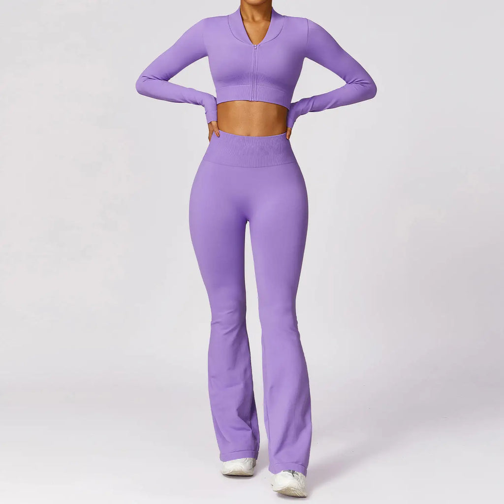 Hot Selling 2024 Women's Compression Stretchy Seamless Scrunch Back Flare Pants Jacket Set Lightweight Breathable Solid Pattern