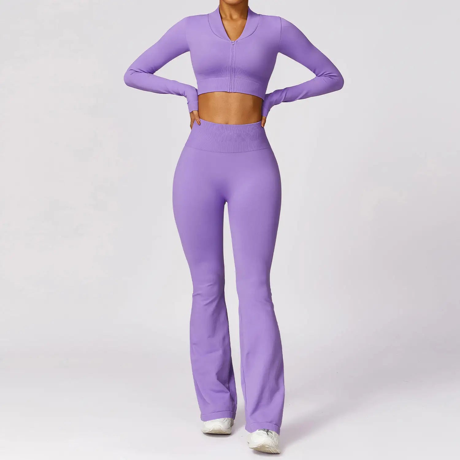 Hot Selling 2024 Women's Compression Stretchy Seamless Scrunch Back Flare Pants Jacket Set Lightweight Breathable Solid Pattern