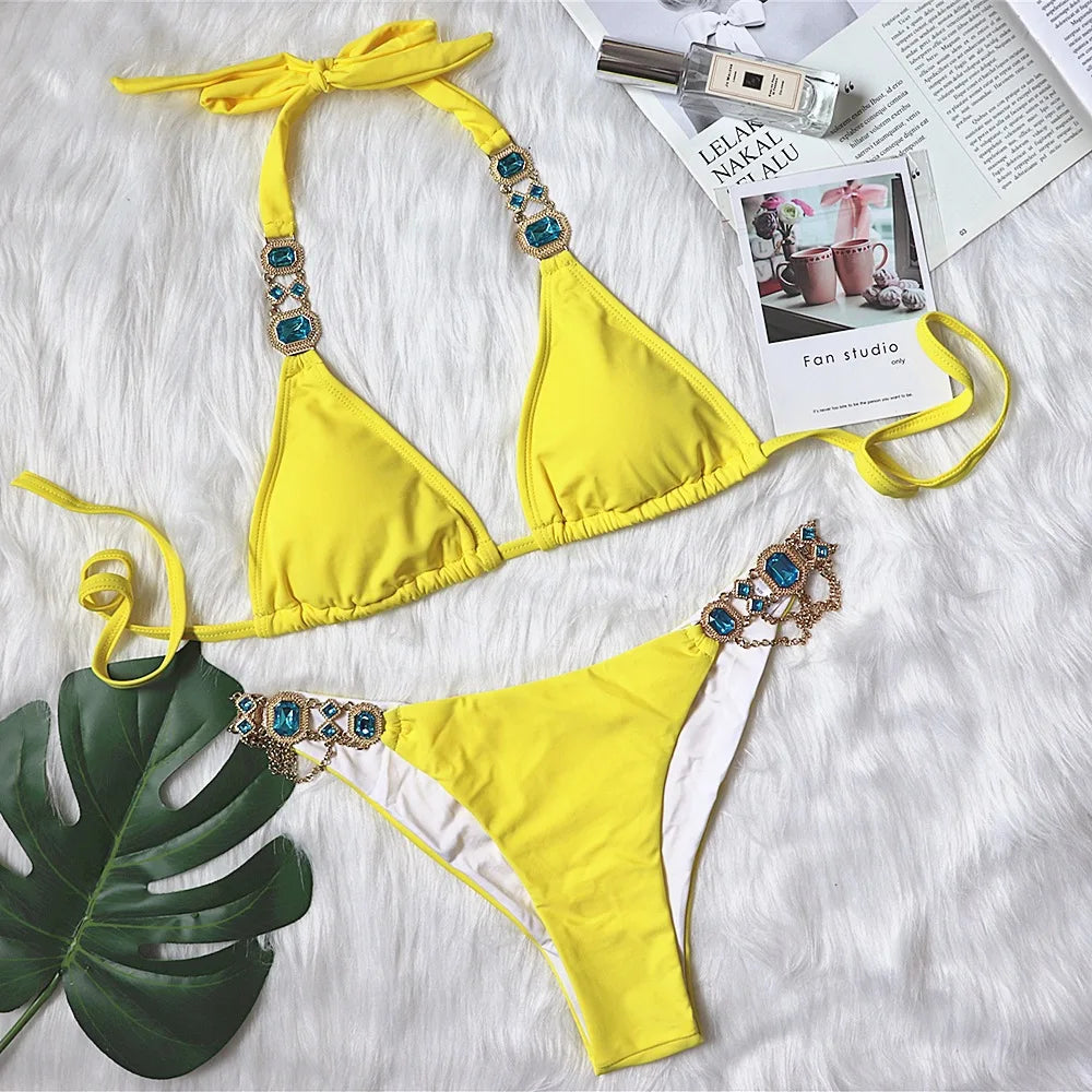 Crystal Diamond Bikini 2024 New Sexy Lace-up Plain Women's Split Swimsuit Golden Accessories Swimsuit Jewelry Swimwear