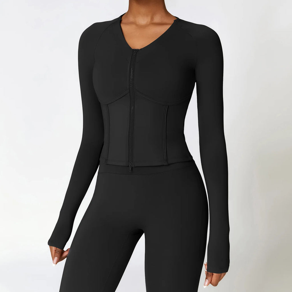 Wholesale Yoke Knitted High Stretch Yoga 2-Piece Set Slimming Fit Long Sleeve Leggings with Zipper & Breathable Neck Crop Top