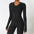 Wholesale Yoke Knitted High Stretch Yoga 2-Piece Set Slimming Fit Long Sleeve Leggings with Zipper & Breathable Neck Crop Top