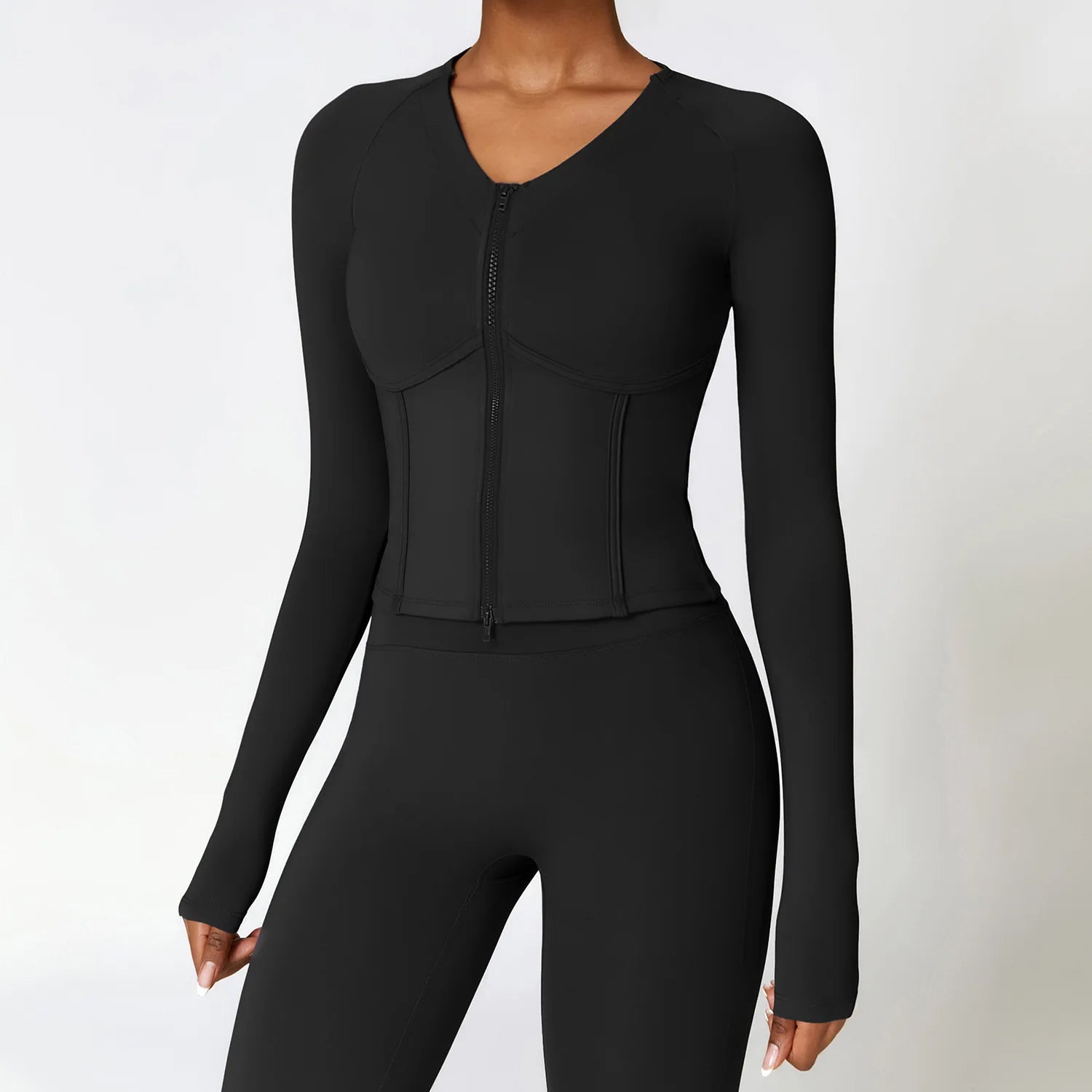 Wholesale Yoke Knitted High Stretch Yoga 2-Piece Set Slimming Fit Long Sleeve Leggings with Zipper & Breathable Neck Crop Top