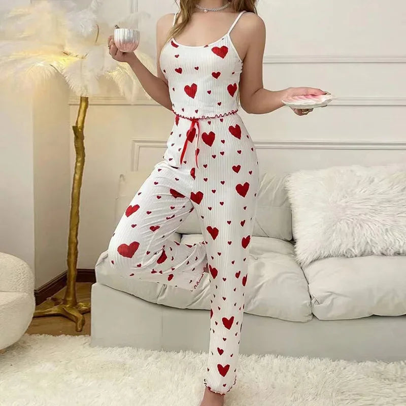 Spring Summer Pajamas Set for Women Sleepwear Heart Print Sleeveless Cami Vest with Long Trouser Set Pyjamas Loungewear