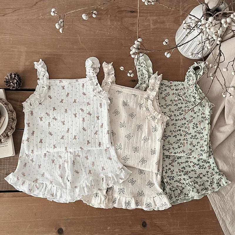 2025 Summer 2PCS Korean Ruffled Sleeveless Knitted Suspender Floral Clothing Set for 0-4 Years 100% Cotton Chic Straps Vest Suit