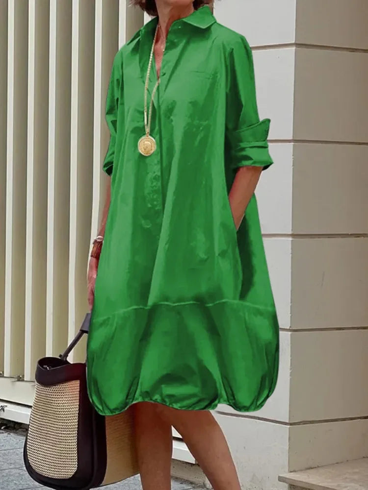 Yeezzi Women's Lapel Shirts Dress 2025 New Spring Summer Long Sleeves Loose Solid Color Casual Going Out Office Midi Dresses