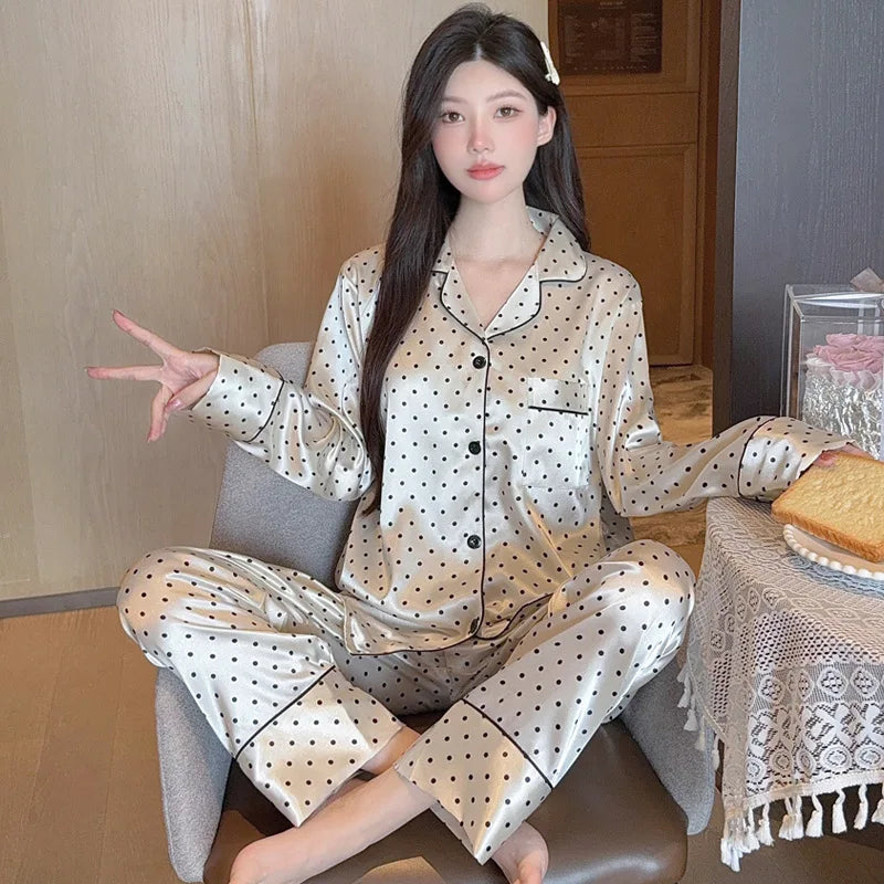 Spring and Autumn Summer Black Polka Dot Ice Silk Pajamas Women's New Long Sleeve Long Pants Net Red Simple Casual Homewear Set
