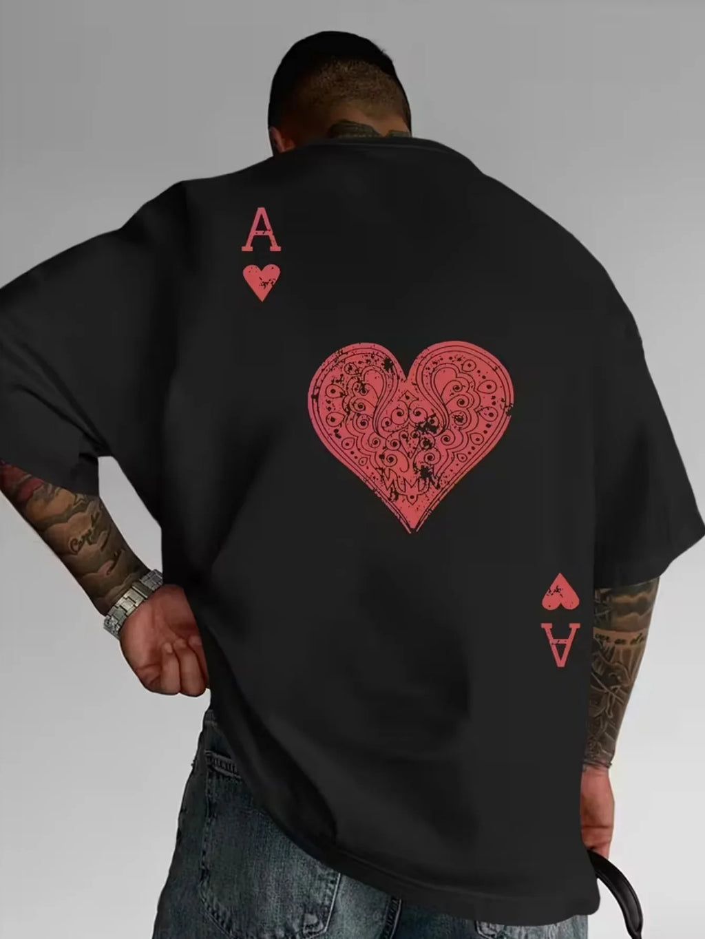 Men's Red Heart A Print T-Shirt Pure Cotton and Breathable Streetwear Oversized Loose Casual Crew Neck Short Sleeve