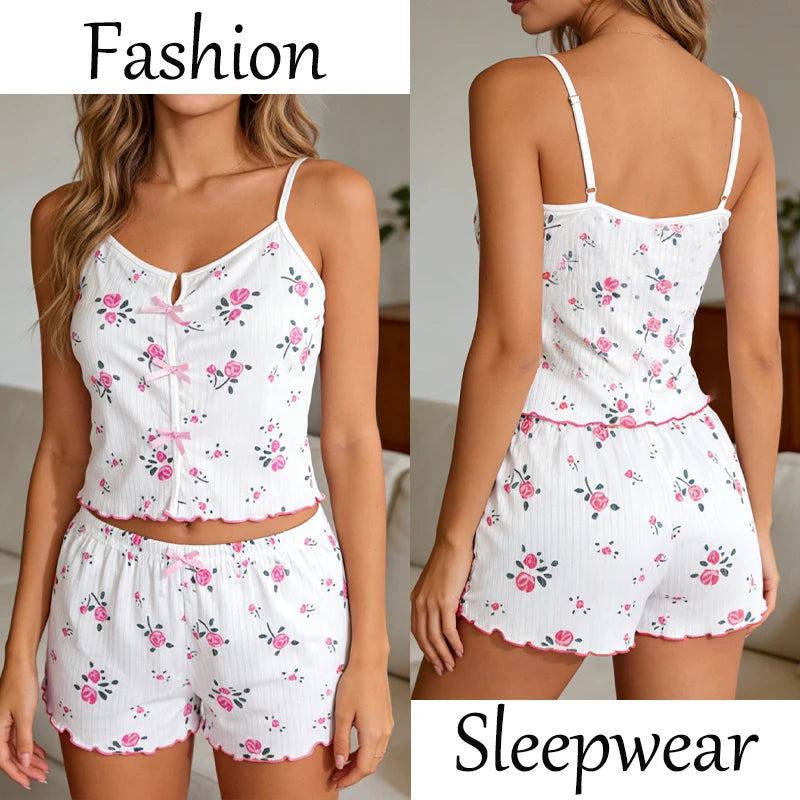 Women's Summer Spaghetti Strap Top and Shorts Pajama Sets Ladies Cherry Heart Print Sleepwear Cute Bowknot Sexy Loungewear S-XL