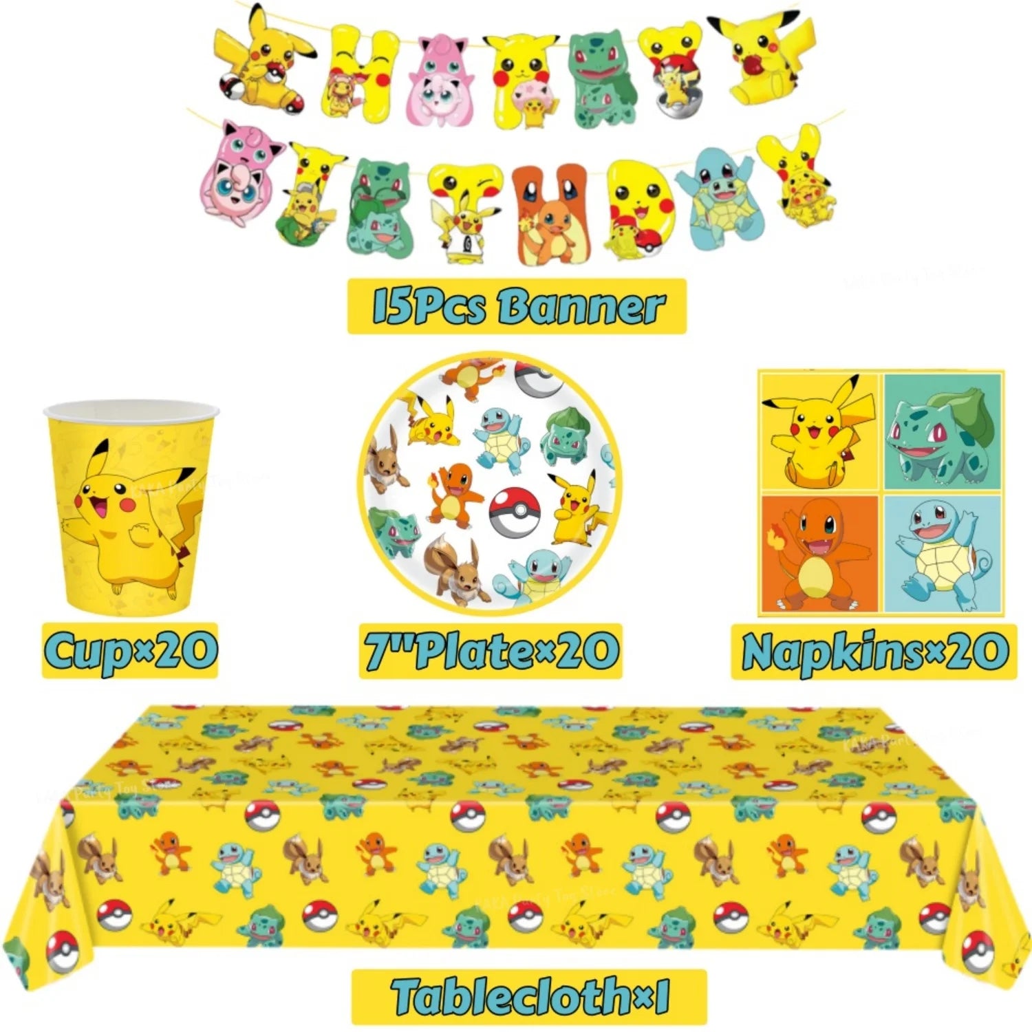 Pokemon Birthday Party Decoration Cartoon Theme Tableware Set with Cups Plates Napkins Pikachu Balloons Banner Kids Party Favors