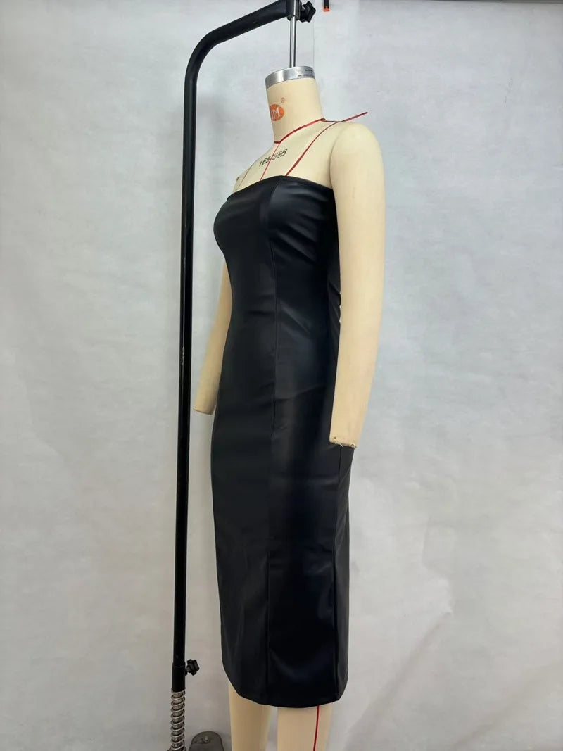 Sexy tube top dress. Leather, solid color temperament, split ends, slim fit.