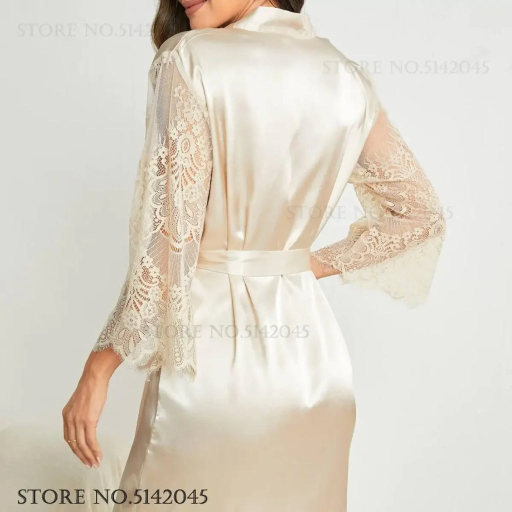 Bride Bridesmaid Wedding Robe Negligee Spring Summer Women Sleepwear Home Dress Patchwork Lace Kimono Bathrobe Gown Loungwear