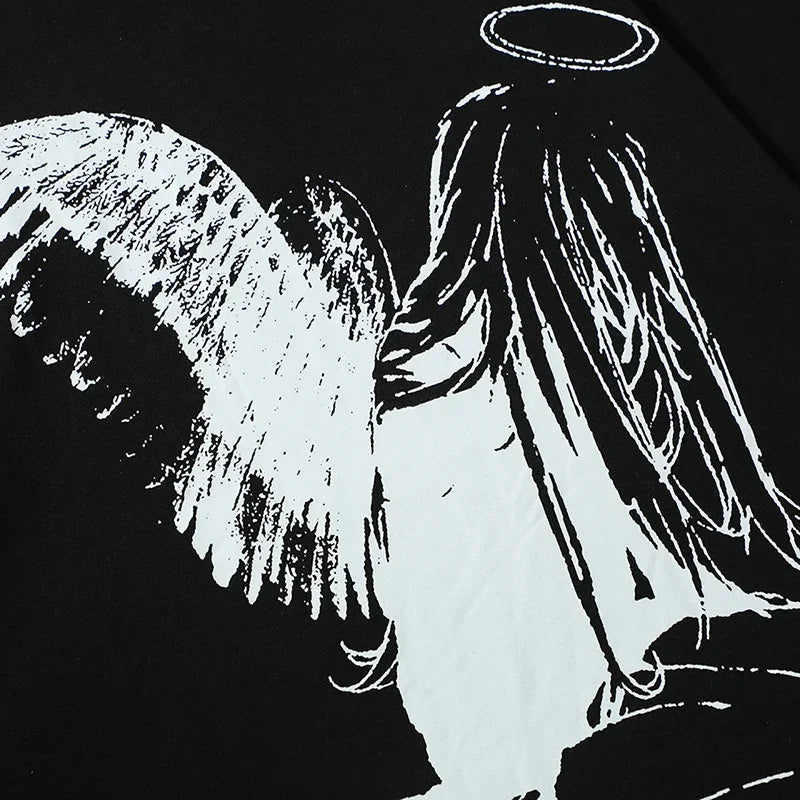 Men Tshirt Streetwear Japanese Harajuku Cartoon Angel Wings Graphic T-Shirt Summer 2025 HipHop T Shirt Anime Tops Tee Cotton Y2K
