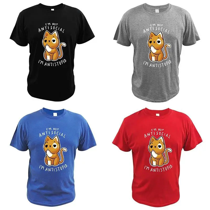 I'm Not Antisocial I'm Antistupid T Shirt Cool Cats Character T-Shirt Short Sleeve O-neck 100% Cotton Camisetas