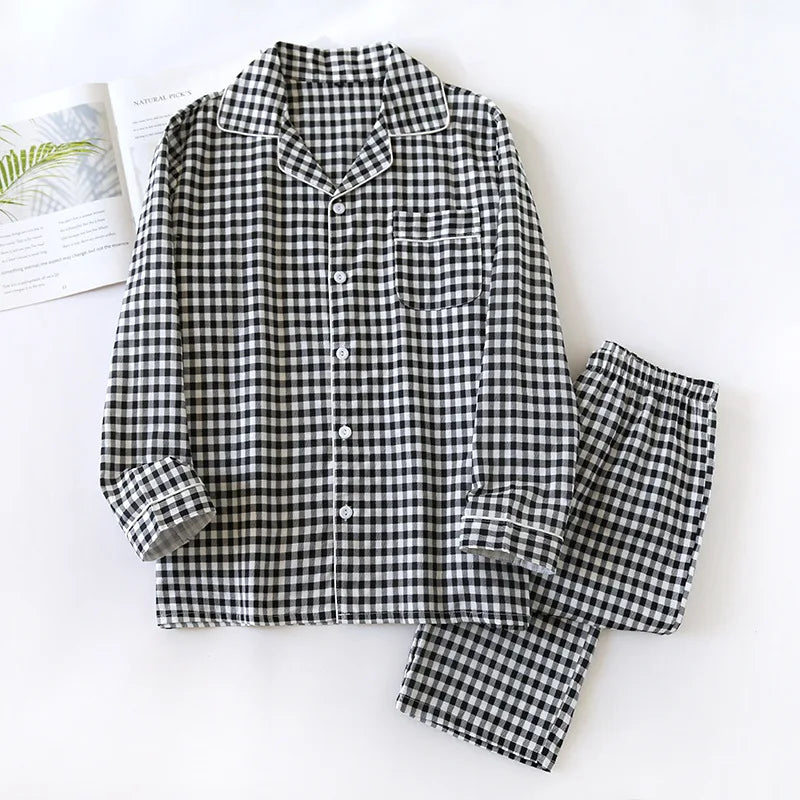 2026 Spring/Summer Couple Pajama Set 100% Cotton Double Layer Gauze Men's and Women's Japanese Plaid Set Long sleeved Home Fury