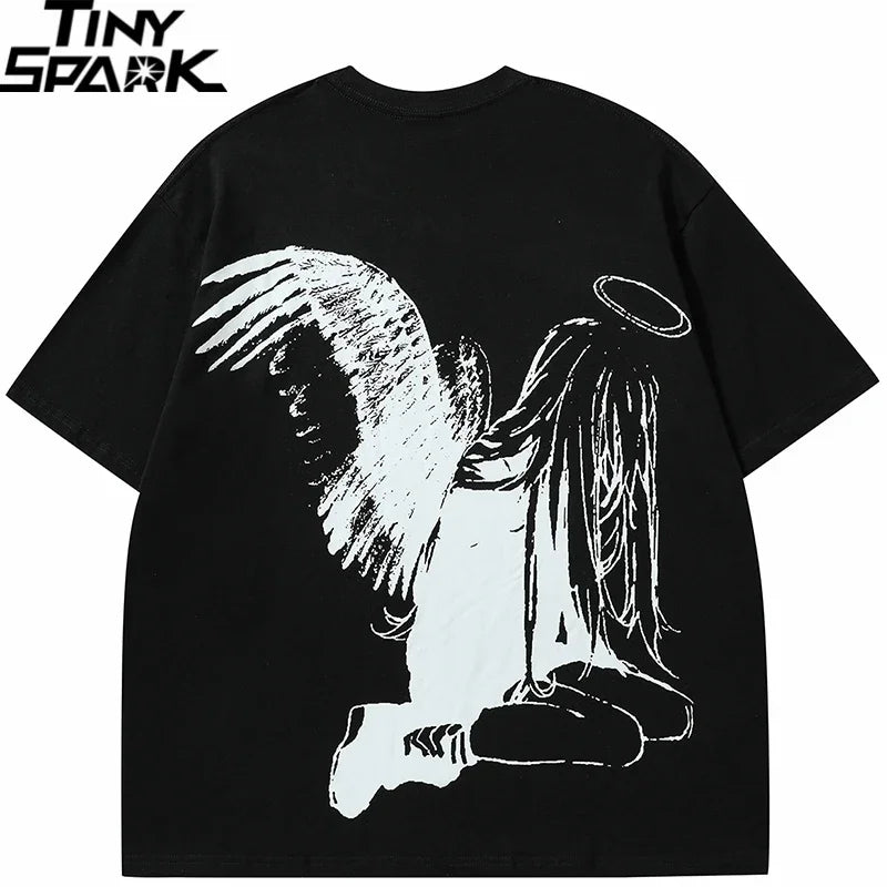 Men Tshirt Streetwear Japanese Harajuku Cartoon Angel Wings Graphic T-Shirt Summer 2025 HipHop T Shirt Anime Tops Tee Cotton Y2K