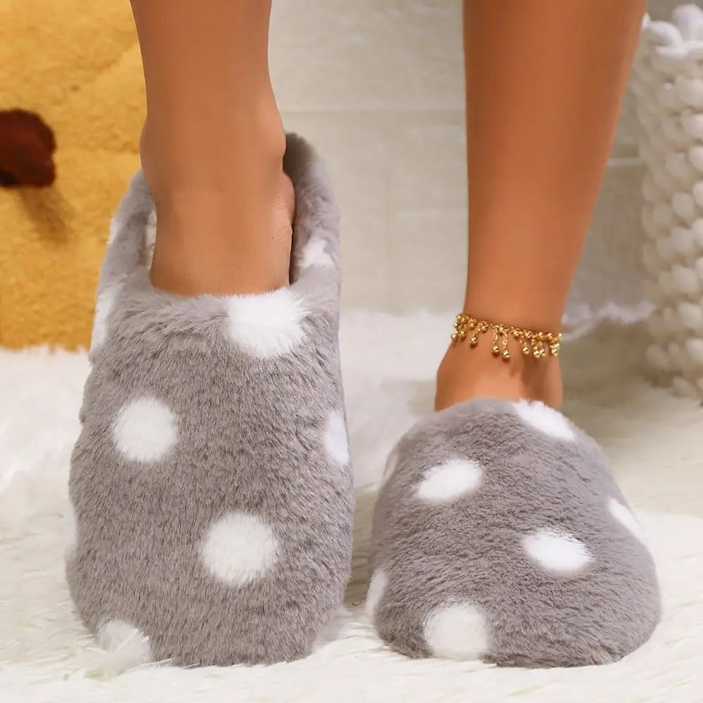 Elegant Soft Sole Plush Slide Slippers Lightweight Anti-slip Dots Fur Slipper Patchwork Casual House Flat Shoes Winter
