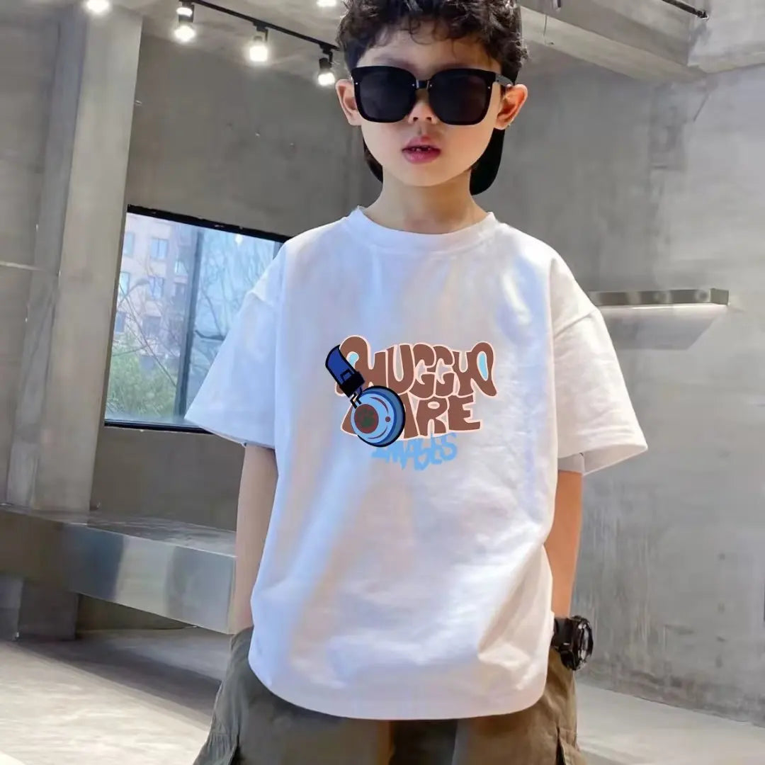 Fashion Children's Clothing Summer Rabbit Print T-shirt Boys and Girls' Clothing Short Sleeve Top 100% Cotton Children's T-shirt