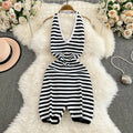 Foamlina American Women's Summer Strap Backless Striped Jumpsuit Top Girl's Slim Bodycon Design Short Pants Bodysuit