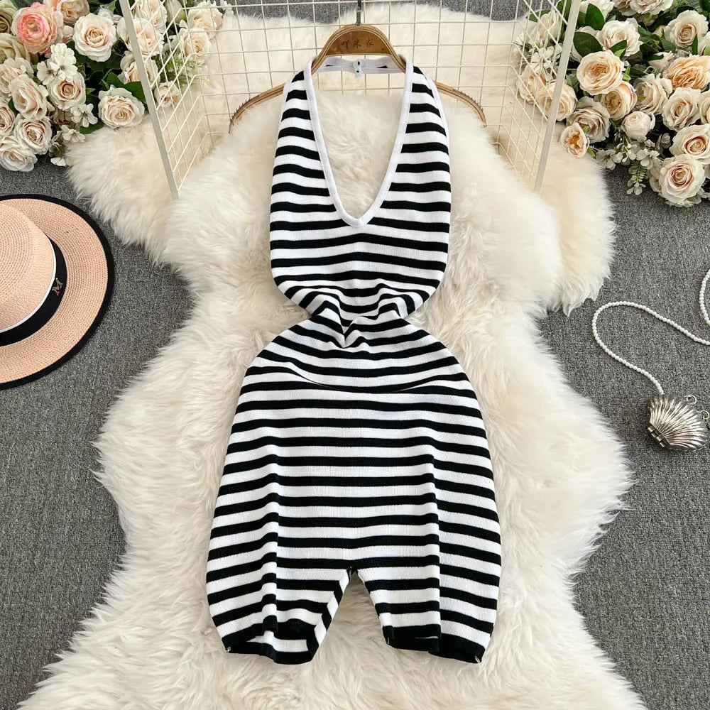 Foamlina American Women's Summer Strap Backless Striped Jumpsuit Top Girl's Slim Bodycon Design Short Pants Bodysuit