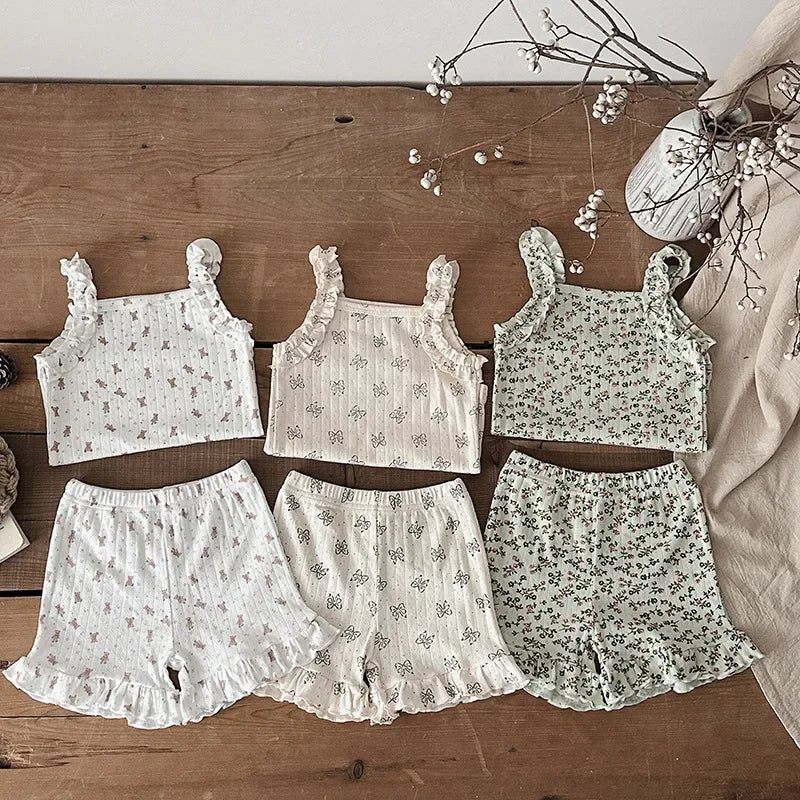 2025 Summer 2PCS Korean Ruffled Sleeveless Knitted Suspender Floral Clothing Set for 0-4 Years 100% Cotton Chic Straps Vest Suit