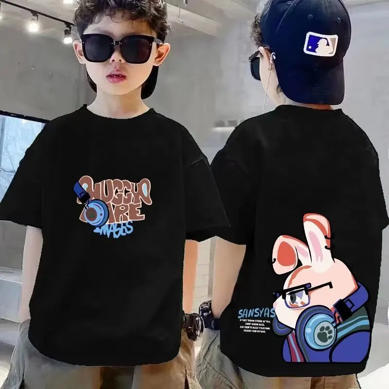 Fashion Children's Clothing Summer Rabbit Print T-shirt Boys and Girls' Clothing Short Sleeve Top 100% Cotton Children's T-shirt