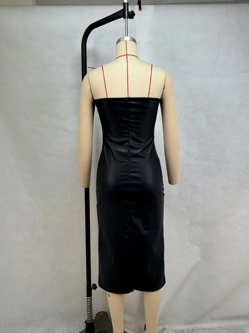 Sexy tube top dress. Leather, solid color temperament, split ends, slim fit.