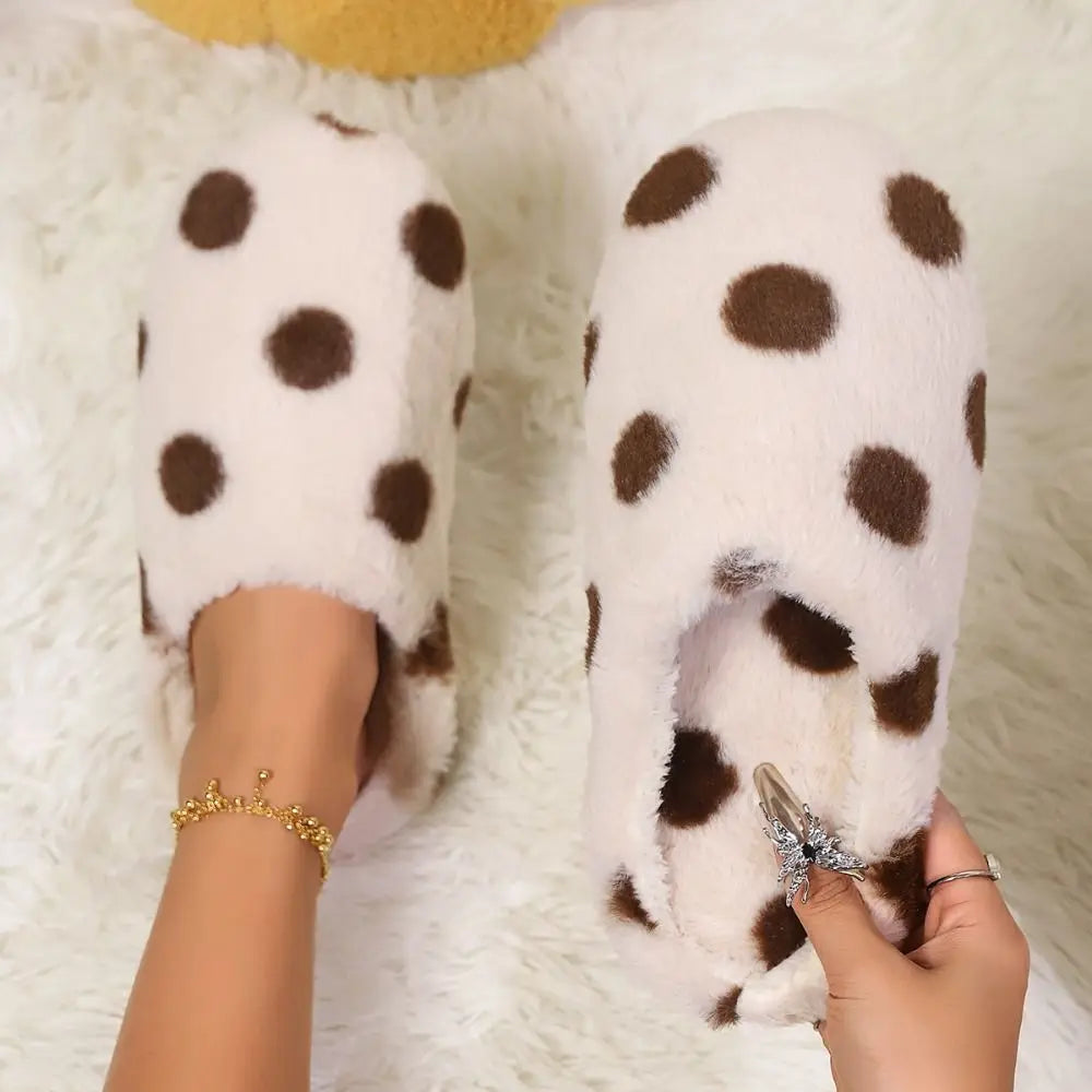 Elegant Soft Sole Plush Slide Slippers Lightweight Anti-slip Dots Fur Slipper Patchwork Casual House Flat Shoes Winter