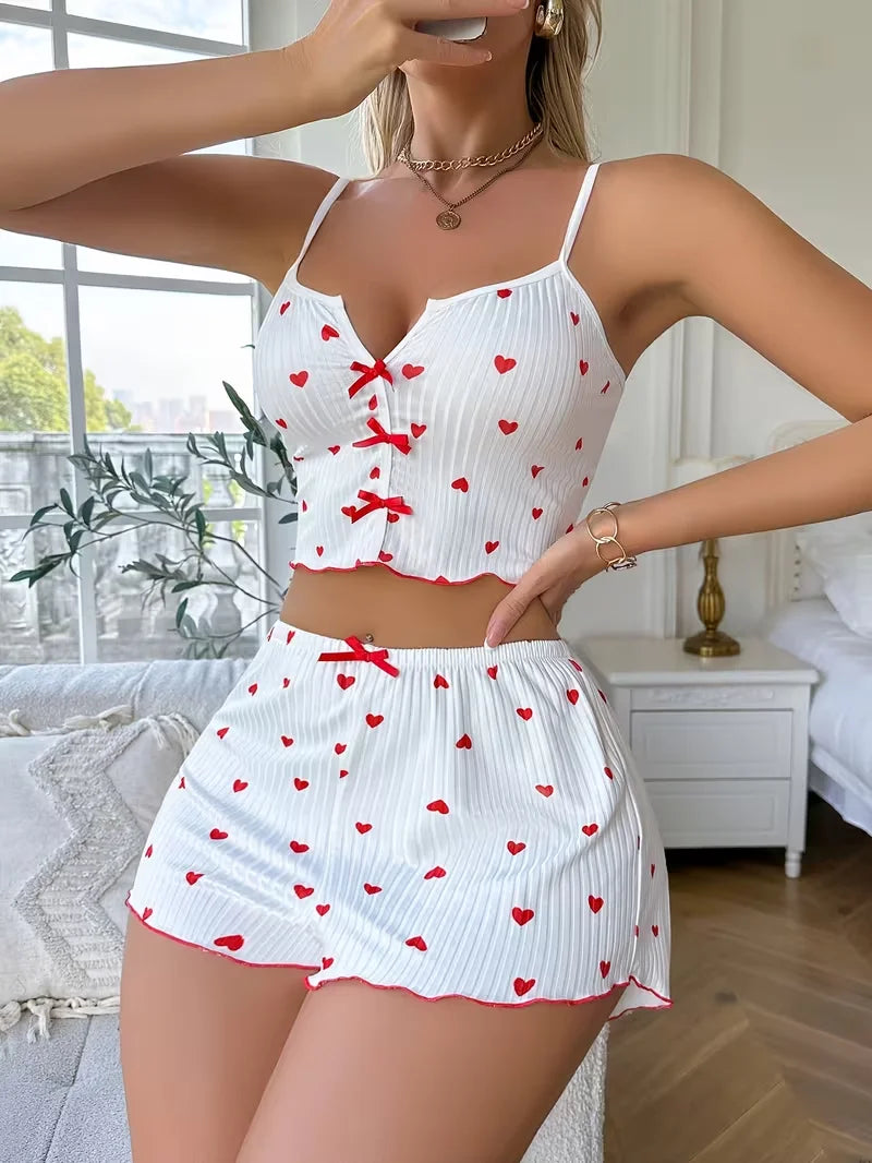 Summer Women Sleepwear Heart Pattern Printed Pajama Set,Casual Knit Fabric Crop Tops and Shorts Loungewear Home Clothes