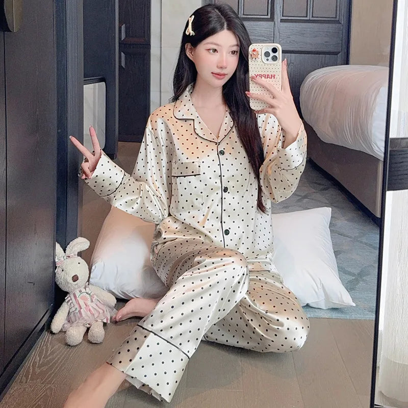 Spring and Autumn Summer Black Polka Dot Ice Silk Pajamas Women's New Long Sleeve Long Pants Net Red Simple Casual Homewear Set