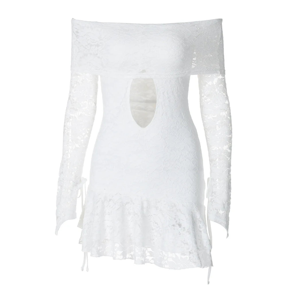 Women's Clothing 2026 Spring New Fashionable and Sexy One-word Collar Hollow Lace Long-sleeved Streamer Skirt