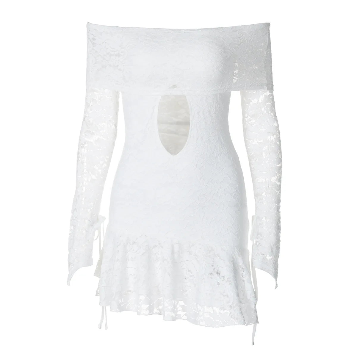 Women's Clothing 2026 Spring New Fashionable and Sexy One-word Collar Hollow Lace Long-sleeved Streamer Skirt