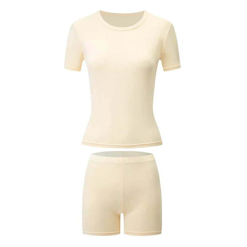 2-Piece Women's Summer Solid Color Casual Sports Short Sleeved Shorts Set Round Neck Base T-shirt And Safety Leggings Home Set