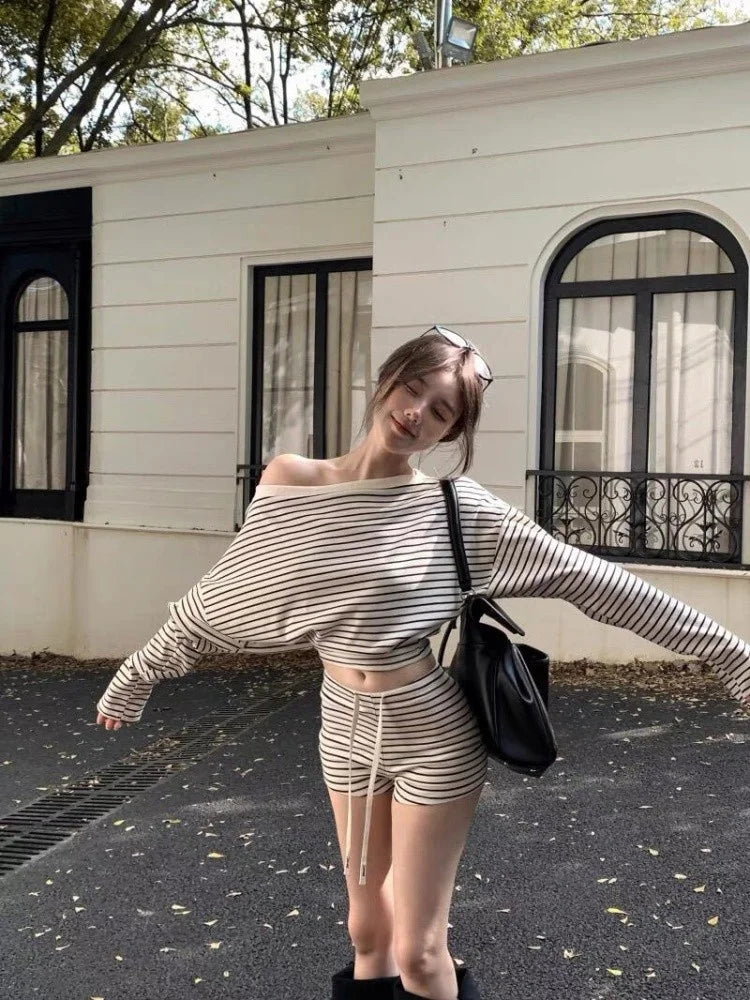 Summer New Sweet Striped Shoulder Bared Long Sleeve Sleepwear Women's Sexy Cute Home Clothes Set Korean Style Cotton Polyester