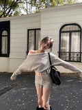 Summer New Sweet Striped Shoulder Bared Long Sleeve Sleepwear Women's Sexy Cute Home Clothes Set Korean Style Cotton Polyester