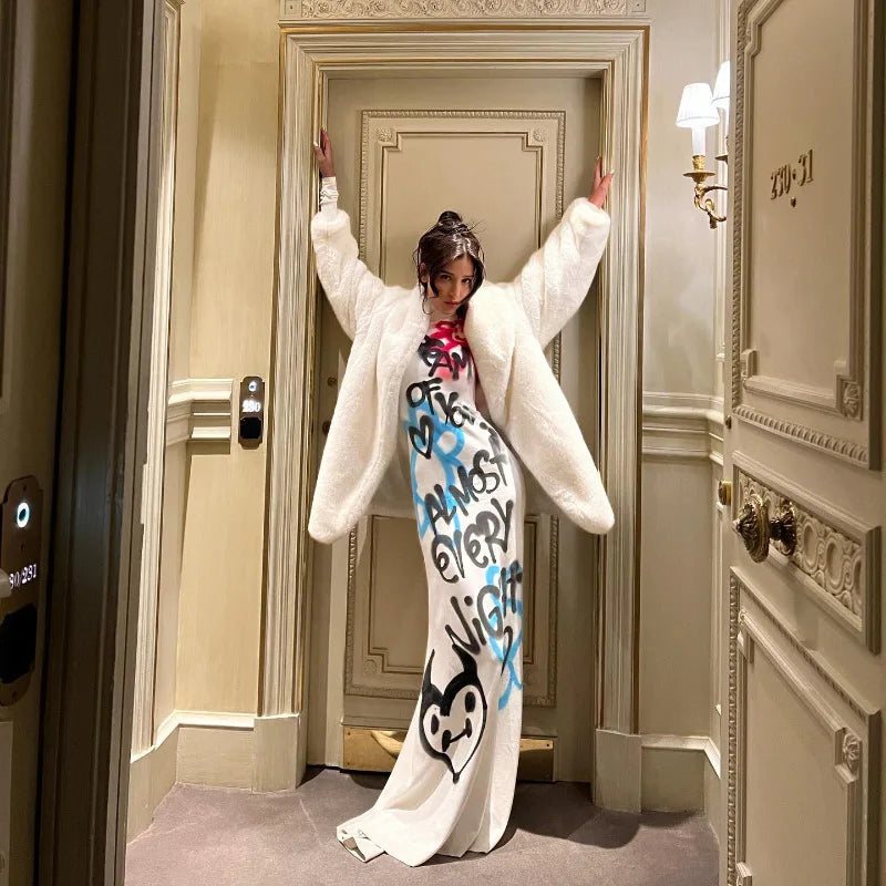 Women's Fashionable High-neck Color-blocked Graffiti Long-sleeved Hip-hugging Close-fitting Long Dress