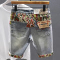 2025 Elastic five-point denim shorts men's summer embroidery Korean version loose straight slim casual Korean version