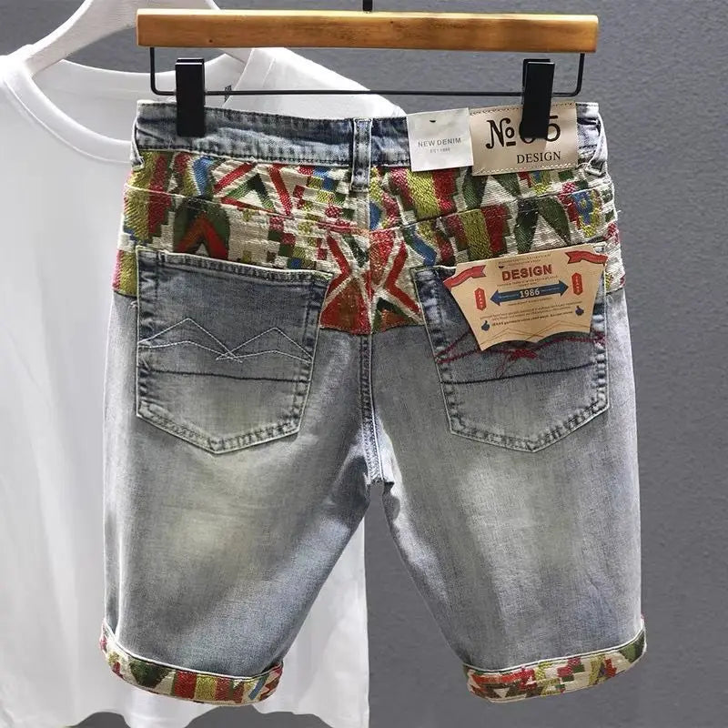 2025 Elastic five-point denim shorts men's summer embroidery Korean version loose straight slim casual Korean version
