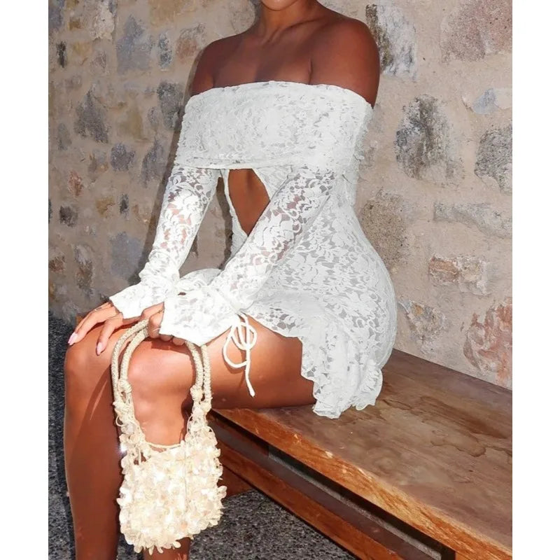 Women's Clothing 2026 Spring New Fashionable and Sexy One-word Collar Hollow Lace Long-sleeved Streamer Skirt