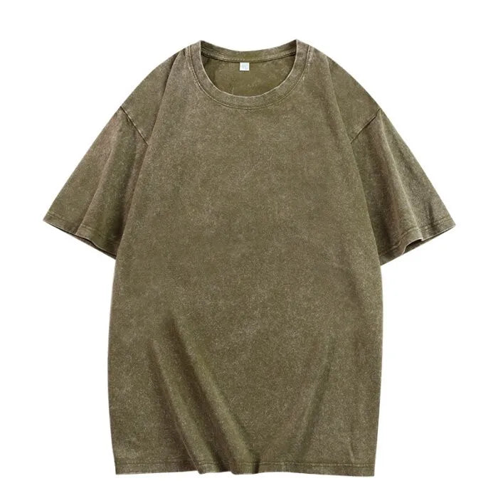 Streetwear Washed Distressed T-shirt for Men Oversized European and American Off Shoulder Sleeves Cotton Women Tshirts