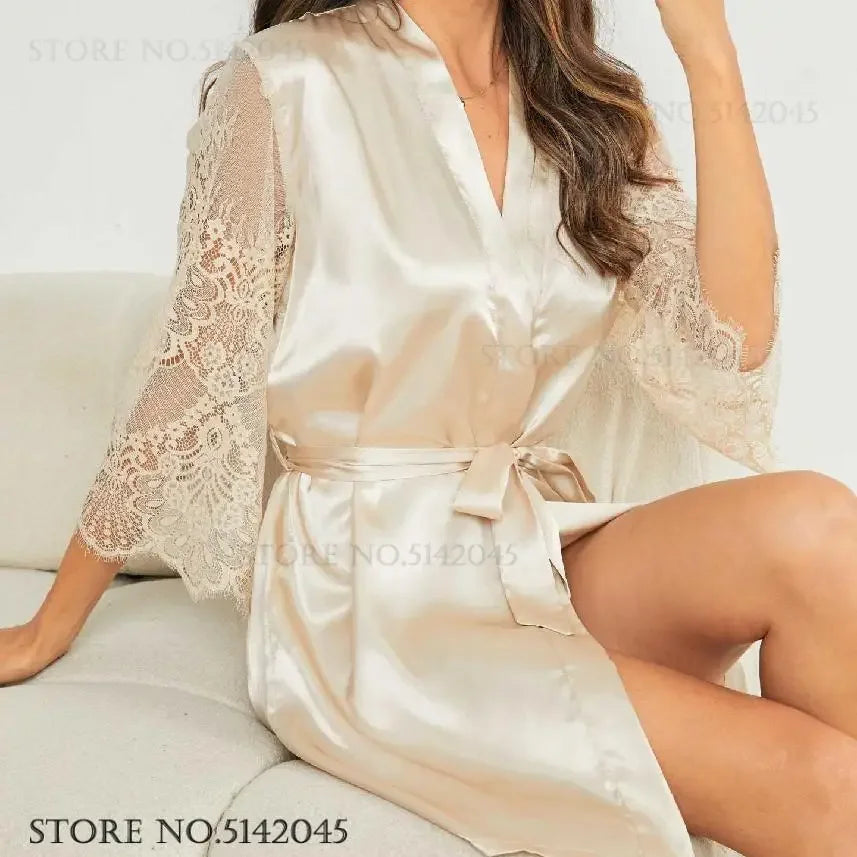 Bride Bridesmaid Wedding Robe Negligee Spring Summer Women Sleepwear Home Dress Patchwork Lace Kimono Bathrobe Gown Loungwear