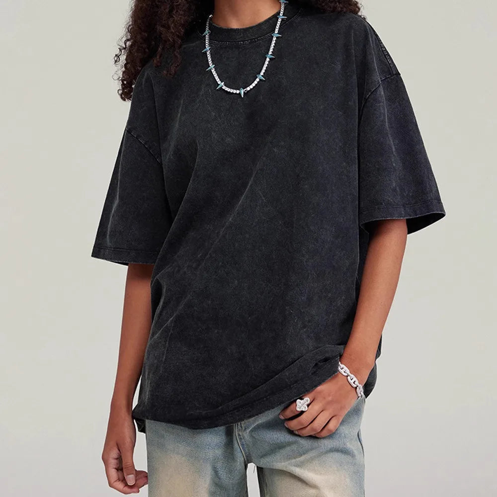 Streetwear Washed Distressed T-shirt for Men Oversized European and American Off Shoulder Sleeves Cotton Women Tshirts