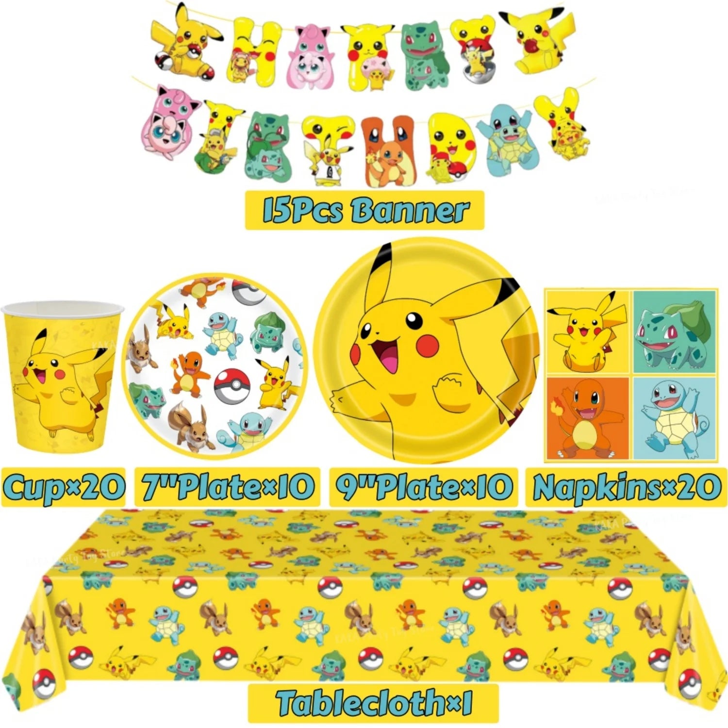 Pokemon Birthday Party Decoration Cartoon Theme Tableware Set with Cups Plates Napkins Pikachu Balloons Banner Kids Party Favors