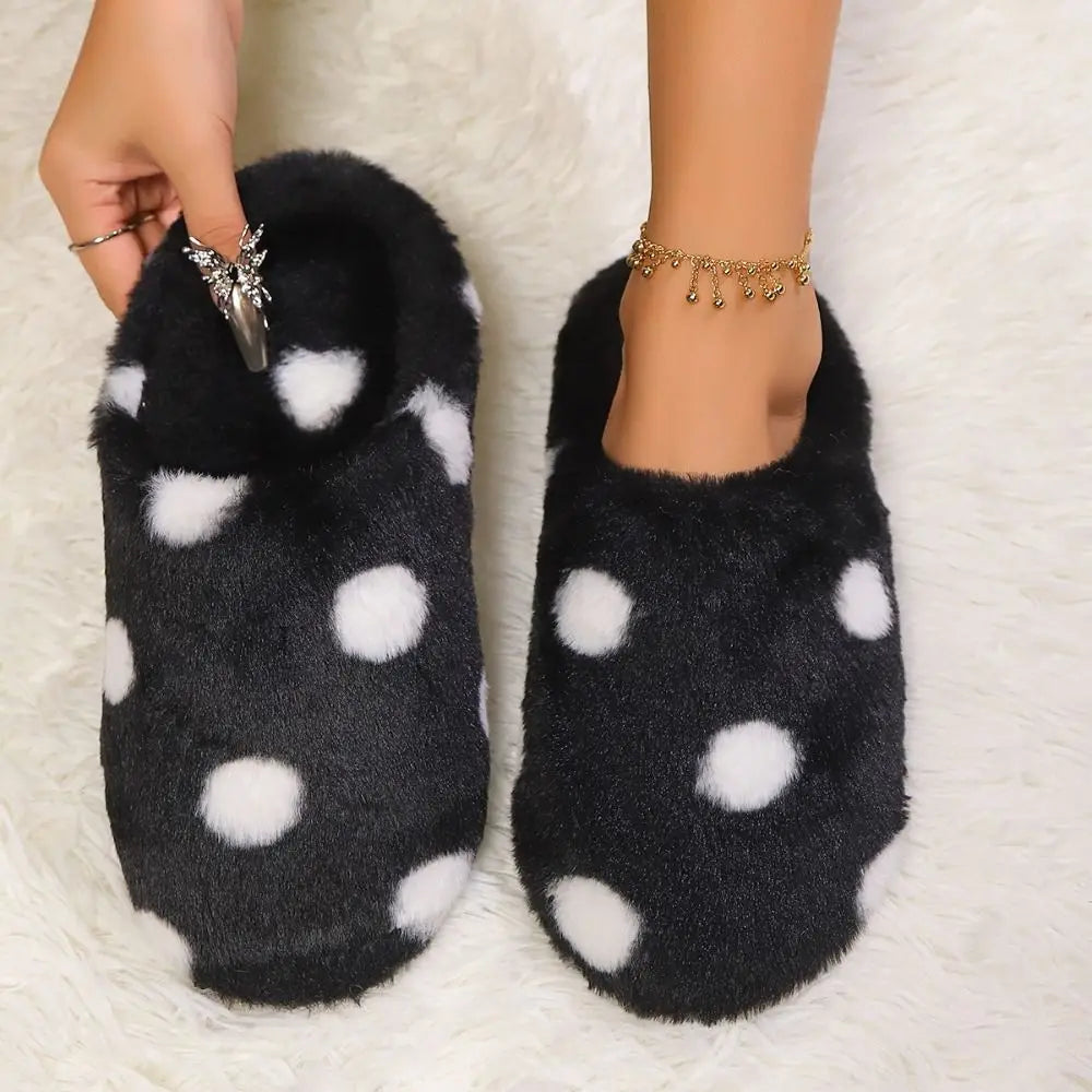 Elegant Soft Sole Plush Slide Slippers Lightweight Anti-slip Dots Fur Slipper Slippers Women Patchwork House Flat Shoes Bedroom
