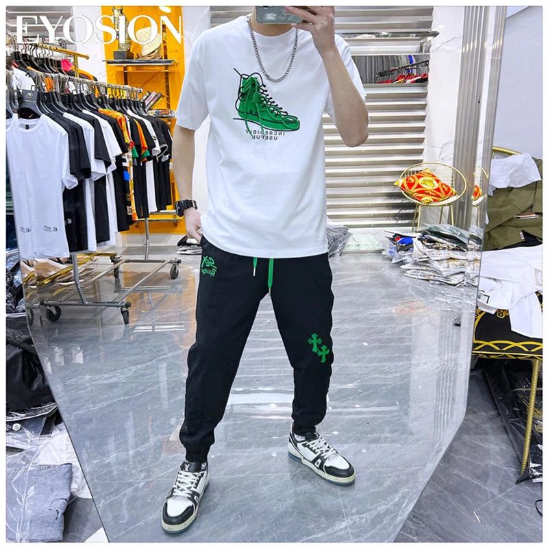 Men T-shirt Designer Brand Shoe Print Round Neck T Shirts Korean Fashion Pure Cotton Tee Unisex Trend Tops