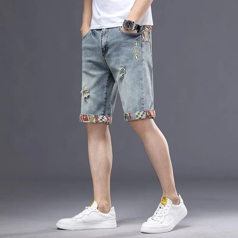 2025 Elastic five-point denim shorts men's summer embroidery Korean version loose straight slim casual Korean version