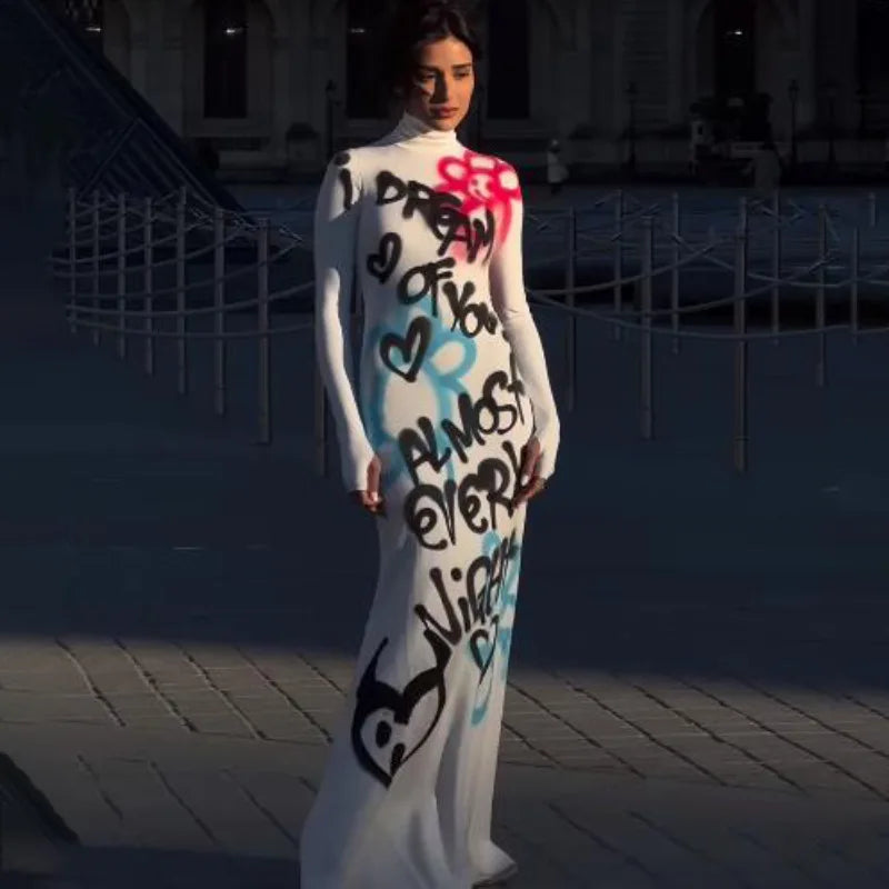 Women's Fashionable High-neck Color-blocked Graffiti Long-sleeved Hip-hugging Close-fitting Long Dress