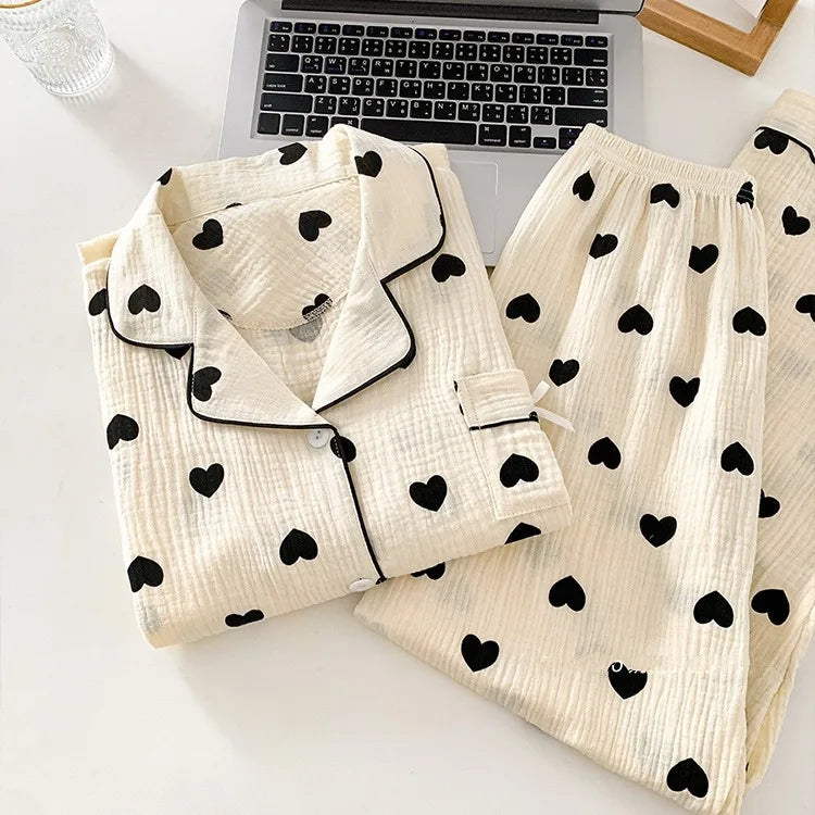 Women's Love Print Pure Cotton Pajamas Set Summer Short Sleeve Top and Long Pants Sleepwear 3PCS for Women Home Casual Pajamas